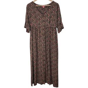 April Cornell Dress XS Midi Brown Pink Floral‎ Flutter Sleeve Button Cottagecore